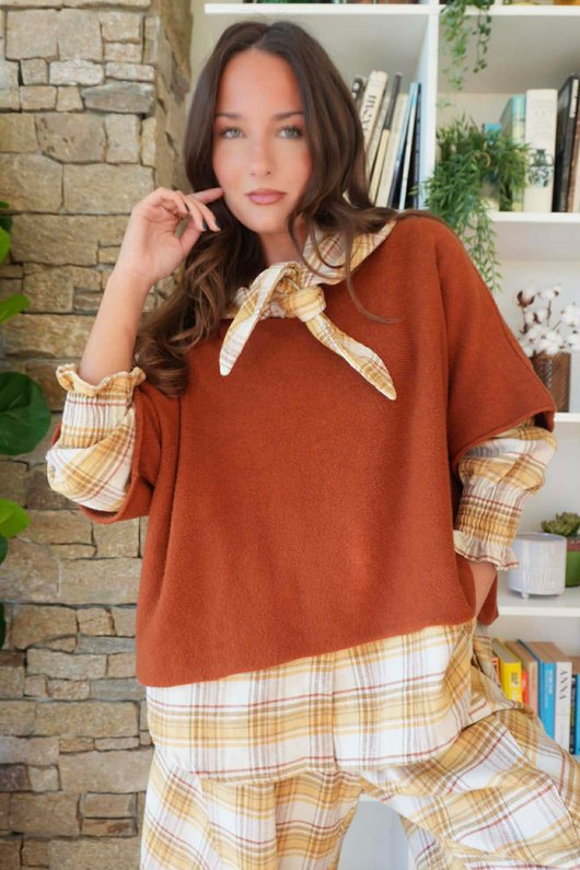 Agnes Plaid Brushed Cotton Neckerchief Blouse Soft Dijon